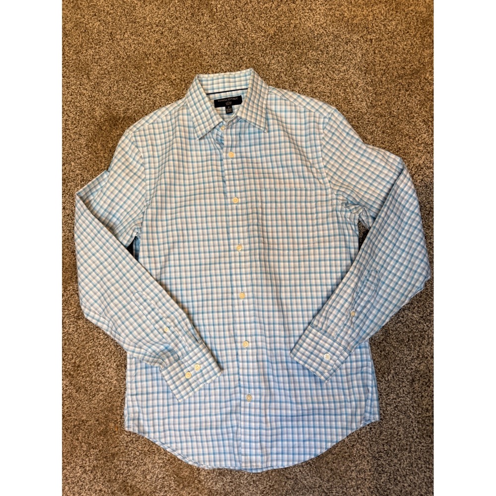 Banana Republic Mens Slim Fit Non Iron Angola Check Shirt Blue White Small